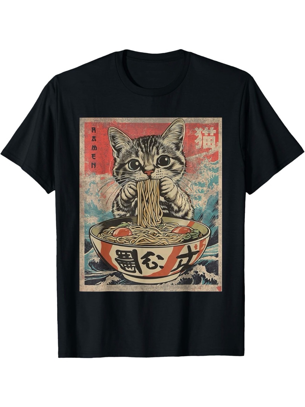 Funny Cat Tee Ramen Noodles T-shirt Kawaii Anime Manga Japanese 3X Black